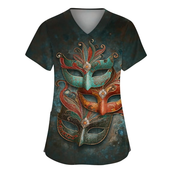 Hogleaql Mardi Gras Scrub Top for Women Short Sleeve Plus Size V Neck Casual Scrub Tops Carnival Mask Printed Nurse Working Uniforms Dressy Tee Shirt 2 Pockets Navy XL