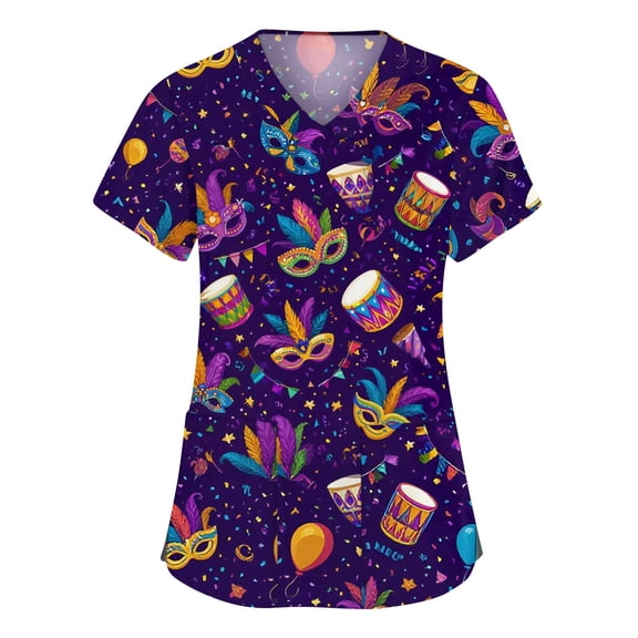 Hogleaql Mardi Gras Scrub Tops Women Short Sleeve Plus Size V Neck Casual Scrub Tops Carnival Mask Graphic Nursing Medical Uniform Fashion Shirts 2 Pockets Dark Purple S