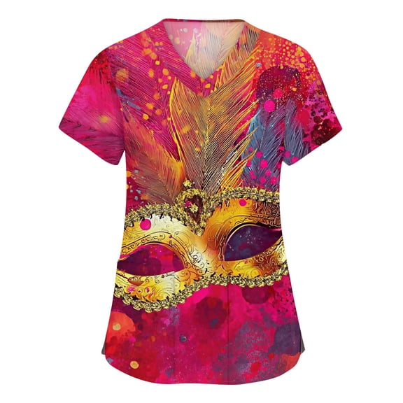 Hogleaql Mardi Gras Scrub Tops Women Short Sleeve Plus Size V Neck Casual Scrub Tops Carnival Mask Printed Nurse Working Uniforms Funny Tee Shirt 2 Pockets Hot Pink S