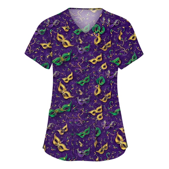 Hogleaql Mardi Gras Scrub for Women Short Sleeve Plus Size V-Neck Casual Scrub Tops Carnival Mask Graphic Nursing Medical Uniform Dressy Tee Shirt 2 Pockets Purple 4XL