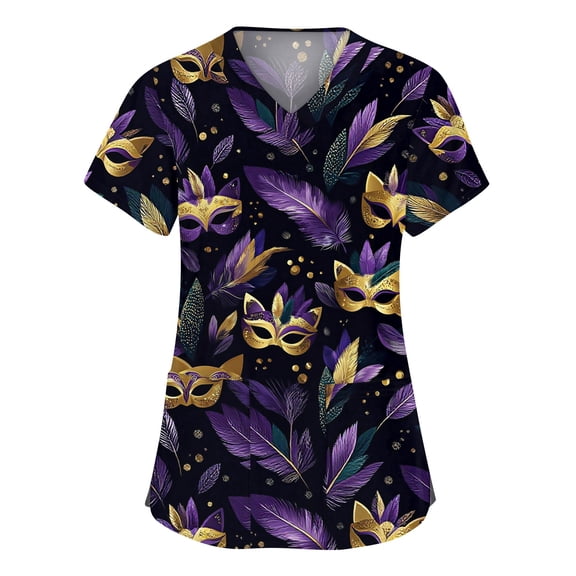 Hogleaql Mardi Gras Scrub for Women Short Sleeve Plus Size V Neck Casual Scrub Tops Carnival Mask Graphic Nursing Medical Uniform Dressy Top 2 Pockets Black M