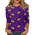thumbnail image 1 of Hogleaql Mardi Gras Shirts for Women 3/4 Sleeve Crew Neck Loose Top Carnival Mask Graphic Pullover Dressy Soft Shirt Casual Blouses Dark Purple L, 1 of 6