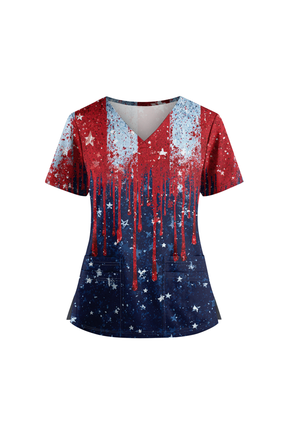 Medical Uniform Women Scrub Tops Plus Size Short Sleeve V-Neck American Flag Patriotic Medical Uniform with Pocket Casual Workwear Scrub Tops Deep Red 4XL