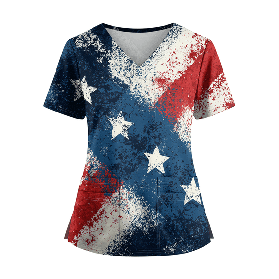 Hogleaql Medical Uniform Women Scrub Tops Plus Size Short Sleeve V-Neck Usa 250th Anniversary Medical Uniform Pocket Casual Workwear Scrub Tops Blue XL
