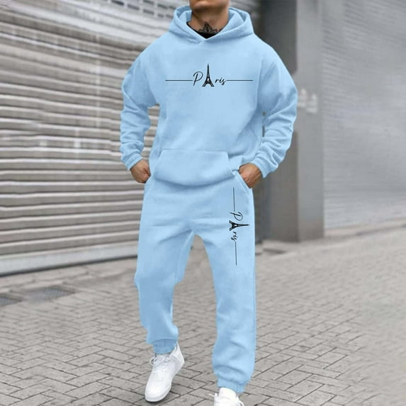 Hogleaql Men Track Suits 2 Piece Set Long Sleeve Hoodies Sweatshirt & Running Sport Pants with Pockets Fashion Pullover Sweatsuits Loose Fit Solid Color Athletic Outfits for Men Light Blue 2XL