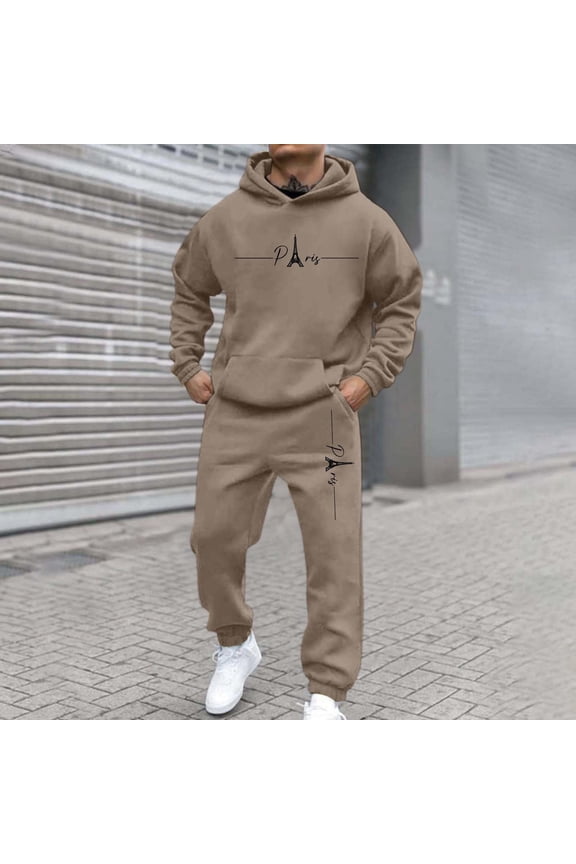 Men Track Suits 2 Piece Set Long Sleeve Hoodies Sweatshirt and Sport Jogging Pants with Pockets Fashion Pullover Suits Loose Fit Solid Athletic Outfits for Men Camel 3XL