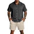 thumbnail image 1 of Hogleaql Men's 2 Piece Short Set Beach Outfits Summer Short Sleeve Button Shirts and Shorts Outfits Elastic Waist Casual Loose Fit Fashion Matching Set with Pockets Black L, 1 of 4