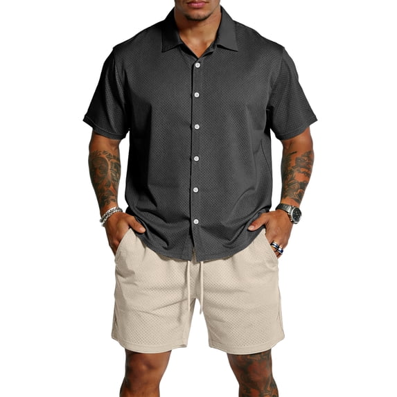 Hogleaql Men's 2 Piece Short Set Beach Outfits Summer Short Sleeve Button Shirts and Shorts Outfits Elastic Waist Casual Loose Fit Fashion Matching Set with Pockets Black L