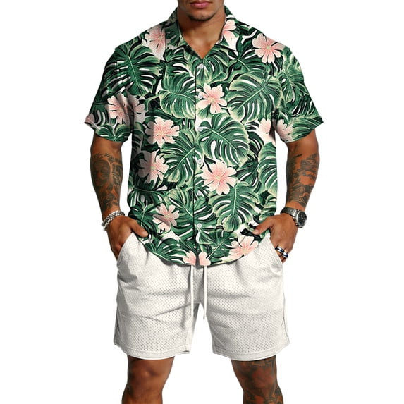 Hogleaql Men's 2 Piece Short Set Beach Outfits Summer Short Sleeve Button Down Shirts and Shorts Tracksuits Elastic Waist Casual Loose Dressy Matching Set with Pockets Dark Green S