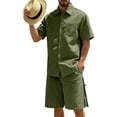thumbnail image 1 of Hogleaql Men's 2 Piece Short Set Beach Outfits Summer Short Sleeve Button Shirts and Shorts Tracksuits Elastic Waist Relaxed Fit Loose Fit Lightweight Matching Set with Pockets Army Green 2XL, 1 of 4