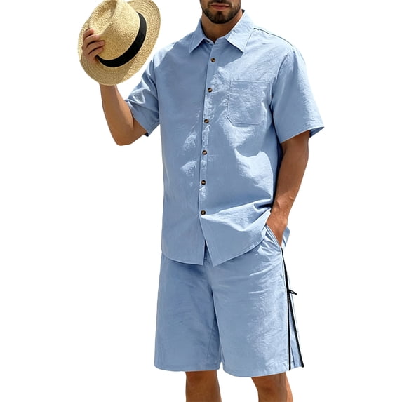 Hogleaql Men's 2 Pieces Linen Set Summer 2026 Short Sleeve Button Shirts and Shorts Outfits Elastic Waist Relaxed Fit Loose Dressy Matching Set with Pockets Light Blue 2XL