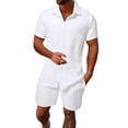 thumbnail image 1 of Hogleaql Men's 2 Pieces Linen Set Summer Beach Short Sleeve Button Shirts and Shorts Outfits Elastic Waist Relaxed Fit Loose Fit Fashion Matching Set with Pockets White XL, 1 of 3