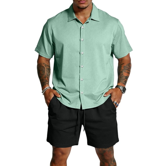 Hogleaql Men's 2 Pieces Linen Set Summer Button Down Short Sleeve Shirts and Shorts 2026 Set with Pockets Elastic Waist Casual Fashion Loose Fit Matching Outfits Green M