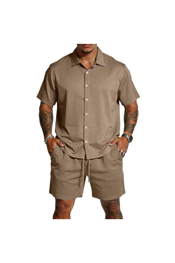 Men's 2 Pieces Linen Set Summer Short Sleeve Button Down Shirts and Shorts Tracksuits Elastic Waist Relaxed Fit Loose Fit Fashion Matching Set with Pockets Light Brown 2XL