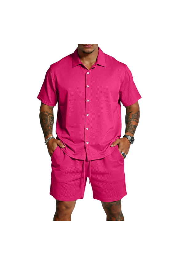 Men's 2 Pieces Linen Set Summer Short Sleeve Button Shirts and Shorts Tracksuits Elastic Waist Vacation Loose Lightweight Matching Set with Pockets Hot Pink M