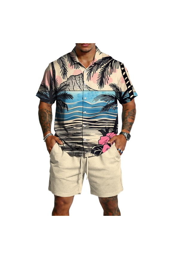 Men's 2 Pieces Linen Set Summer Short Sleeve Button T-Shirts and Shorts Tracksuits Elastic Waist Vacation Loose Fit Lightweight Matching Set with Pockets Khaki XL