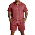 thumbnail image 1 of Hogleaql Men's 2 Pieces Summer Set Button Down Short Sleeve Shirts and Shorts 2026 Set with Pockets Elastic Waist Vacation Dressy Loose Fit Matching Tracksuits Wine L, 1 of 4