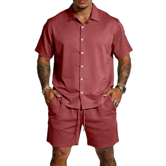 Hogleaql Men's 2 Pieces Summer Set Button Down Short Sleeve Shirts and Shorts 2026 Set with Pockets Elastic Waist Vacation Dressy Loose Fit Matching Tracksuits Wine L