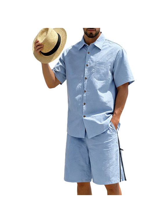 Men's 2 Pieces Summer Set Button Short Sleeve Shirts and Shorts 2026 Set with Pockets Elastic Waist Vacation Lightweight Loose Fit Matching Outfits Light Blue 3XL