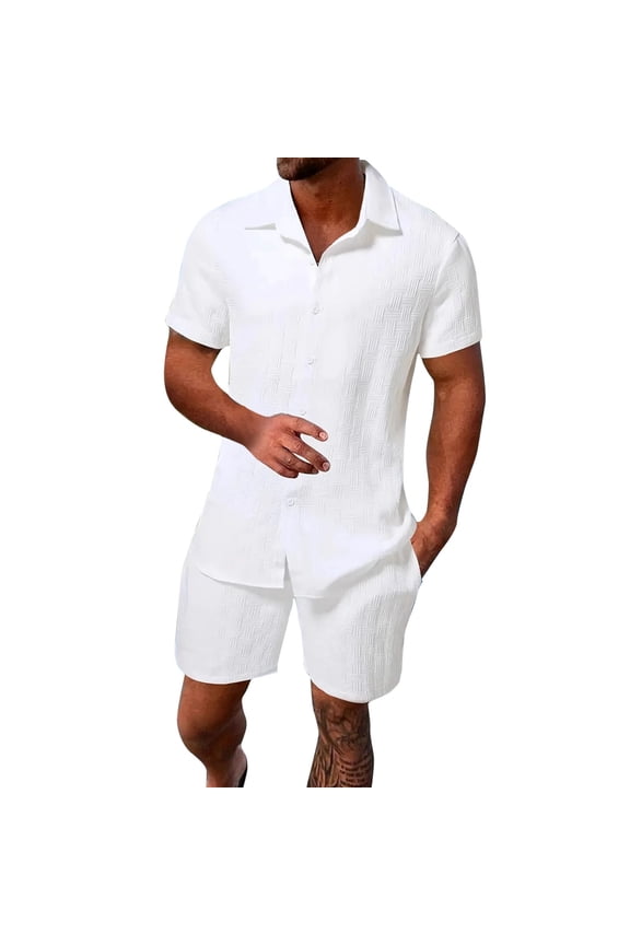 Men's 2 Pieces Summer Set Button Short Sleeve Shirts and Shorts 2026 Sets with Pockets Elastic Waist Relaxed Fit Fashion Loose Matching Tracksuits White M