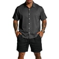 thumbnail image 1 of Hogleaql Men's 2 Pieces Summer Set Button Down Short Sleeve Shirts and Shorts Beach Set with Pockets Elastic Waist Vacation Lightweight Loose Matching Tracksuits Black 2XL, 1 of 4