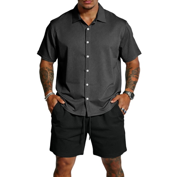 Hogleaql Men's 2 Pieces Summer Set Button Down Short Sleeve Shirts and Shorts Beach Set with Pockets Elastic Waist Vacation Lightweight Loose Matching Tracksuits Black 2XL