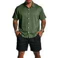 thumbnail image 1 of Hogleaql Men's 2 Pieces Summer Set Button Short Sleeve Shirts and Shorts Beach Sets with Pockets Elastic Waist Relaxed Fit Dressy Loose Matching Tracksuits Army Green L, 1 of 4