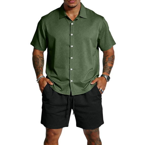 Hogleaql Men's 2 Pieces Summer Set Button Short Sleeve Shirts and Shorts Beach Sets with Pockets Elastic Waist Relaxed Fit Dressy Loose Matching Tracksuits Army Green L