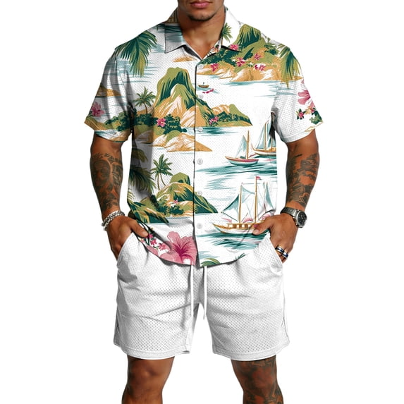 Hogleaql Men's 2 Pieces Summer Set Button Short Sleeve Shirts and Shorts Beach Sets with Pockets Elastic Waist Relaxed Fit Lightweight Loose Matching Tracksuits White M