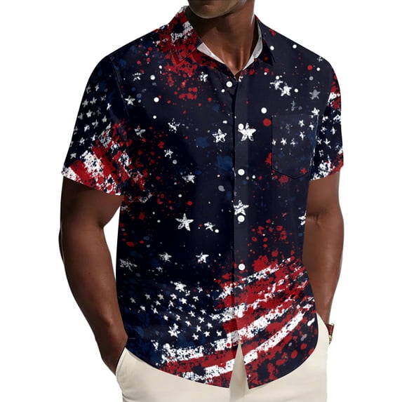 Hogleaql Men's 4th Of July Shirt 4th Of July American Flag Print Short Sleeve Patriotic Shirt Collared Button Dressy Hawaiian Workout Shirts for Men Royal Blue 3XL