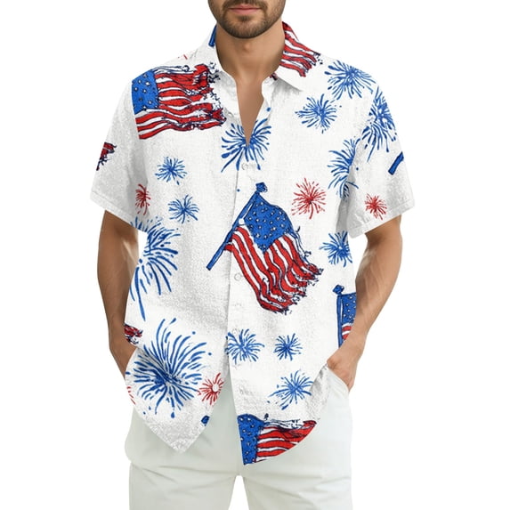 Hogleaql Men's 4th Of July Shirt 4th Of July American Flag Print Short Sleeve Patriotic Shirts Collared Button Fashion Summer Beach Casual Outfits Wine 2XL