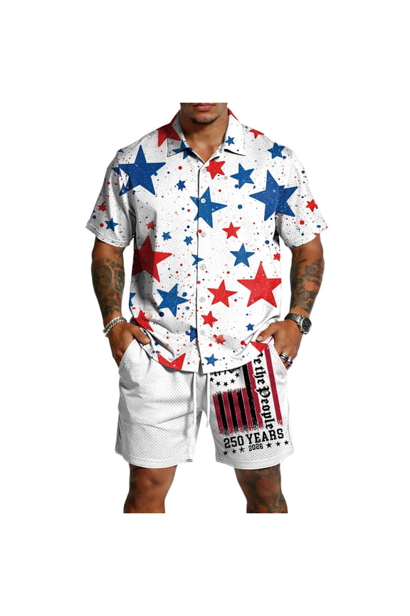 Men's American Flag Print 2 Piece Outfits Patriotic Button Down Tshirts USA Flag Lounge Shorts Loose Outfits Matching Sets with Pockets White L