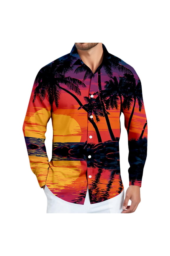 Men's Button Down Hawaiian Shirt Long Sleeve Summer Beach Collared Tee Shirts Down Fashion Work Tropical Plant Printed Men's Shirts Hot Pink L