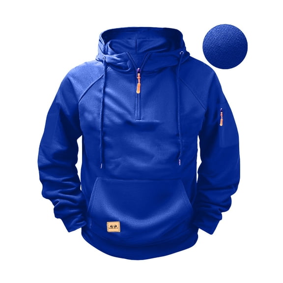 Hogleaql Men's Cargo Hoodie Quarter Zip Fashion Long Sleeve Hooded Sweatshirt with Pockets Casual Vintage Pullover Loose Fit Drawstring Hoodies Blue L