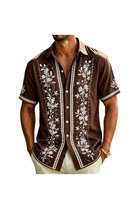 Men's Casual Button Down Shirts Tops Short Sleeve Summer Beach Plus Size Casual Solid Vintage Printed Shirts for Beach Vacation Work Coffee XL
