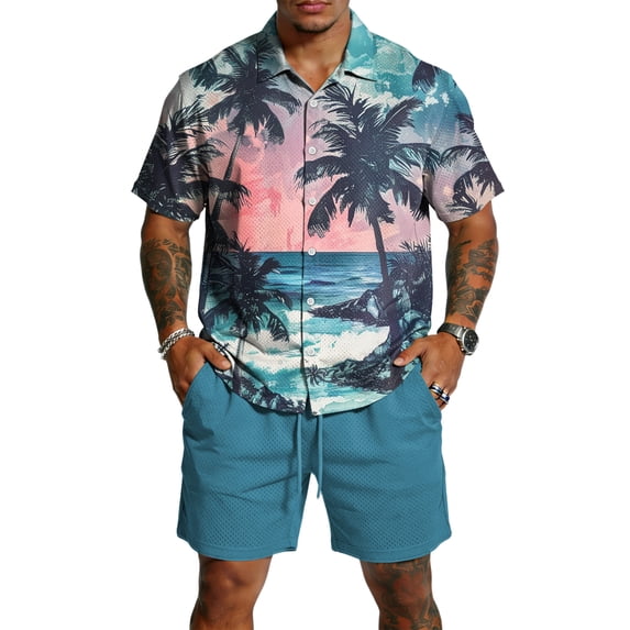 Hogleaql Men's Casual Short Sets 2 Piece Outfits Button Down Short Sleeve Shirts and Shorts with Pockets Elastic Waist Dressy Loose Matching Tracksuits Dark Green M