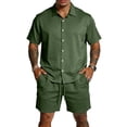 thumbnail image 1 of Hogleaql Men's Casual Short Sets 2 Piece Outfits Button Short Sleeve Shirts and Shorts Summer Beach Set with Pockets Elastic Waist Fashion Loose Matching Tracksuits Army Green S, 1 of 4