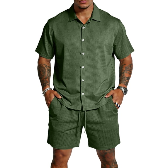 Hogleaql Men's Casual Short Sets 2 Piece Outfits Button Short Sleeve Shirts and Shorts Summer Beach Set with Pockets Elastic Waist Fashion Loose Matching Tracksuits Army Green S