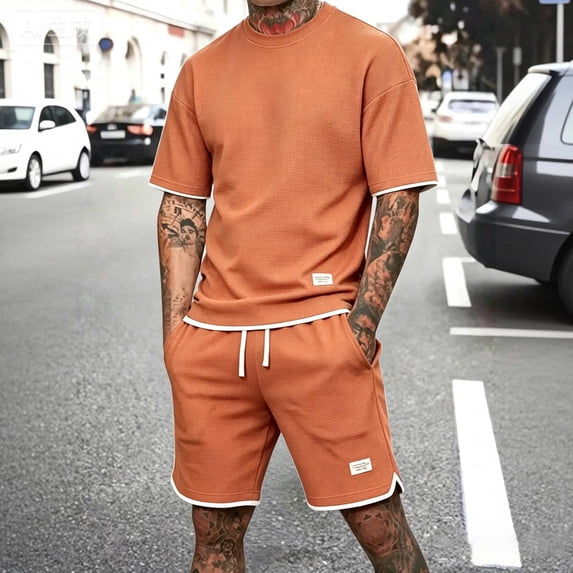 Hogleaql Men's Casual Short Sets 2 Piece Outfits Crewneck Short Sleeve Shirts and Shorts Summer Beach Set with Pockets Elastic Waist Lightweight Loose Matching Outfits Orange 3XL