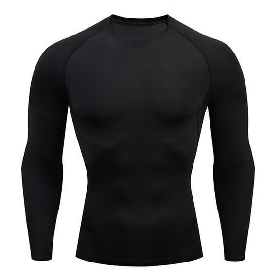 Hogleaql Men's Compression Shirt, Workout Crew Neck Quick Dry Long Sleeve Undershirt Gym Base Layer Tops Sport Athletic Fitness Muscle T-Shirts Black L