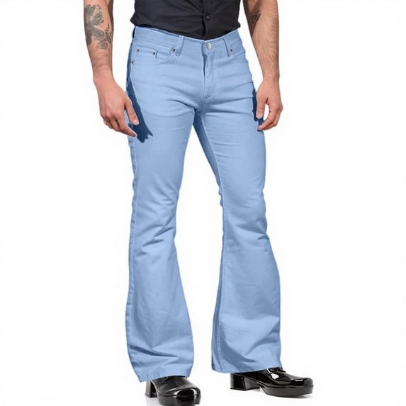 Hogleaql Men's Flared Leg Vintage 60s 70s Bell Bottom Jeans Disco Flare Legs Jeans with Pocket Denim Relaxed Fit Outfits for Men Light Blue L