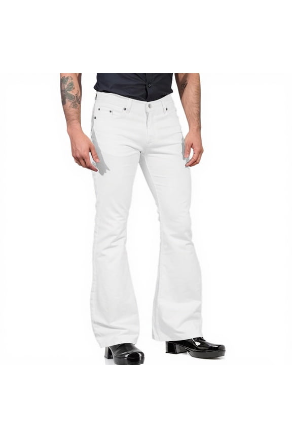 Men's Flared Leg Vintage 60s 70s Bell Bottom Jeans Style Flare Legs Jeans Disco Denim Pants Relaxed Fit with Pocket for Men White M