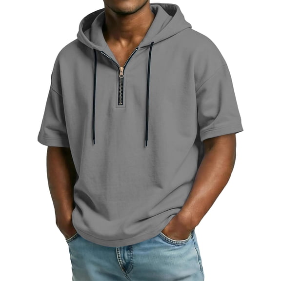 Hogleaql Men's Hooded T-Shirt 1/4 Zipper Short Sleeve Relaxed Fit Tee Shirts Dressy Loose Drawstring Hooded Sweatshirt Top Dark Gray M