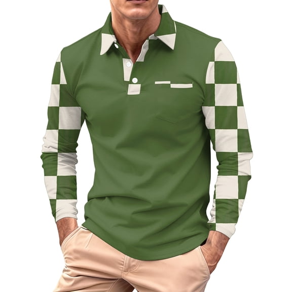 Hogleaql Men's Long Sleeve Polo Shirt Casual Collared Shirts Button Trendy Relaxed Fit Striped Plaid Print Color Block Men's Tops with Pocket Army Green 3XL