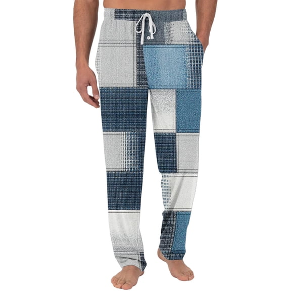 Hogleaql Men's Pajama Pants Lounge Drawstring Striped Plaid Printed Pjs Pants with Pockets Soft Lightweight Winter Sleepwear Blue L