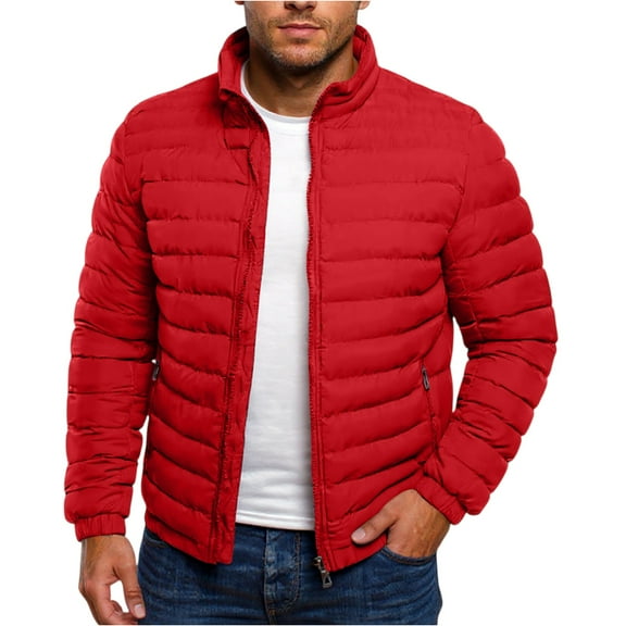 Hogleaql Men's Plus Size Thermal Puffer Jacket Coat Full Zip Long Sleeve Thermal Quilted Coats Stand Collar with Pockets Loose Fit Solid Color Comfy Warm Winter Dressy Jacket Outwear Red 2XL