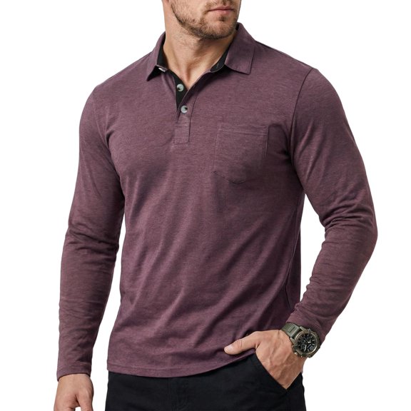 Hogleaql Men's Polo Shirts Comfortable Long Sleeve Dressy Shirts Lightweight Button Down Relaxed Fit Loose Tops Deep Red M