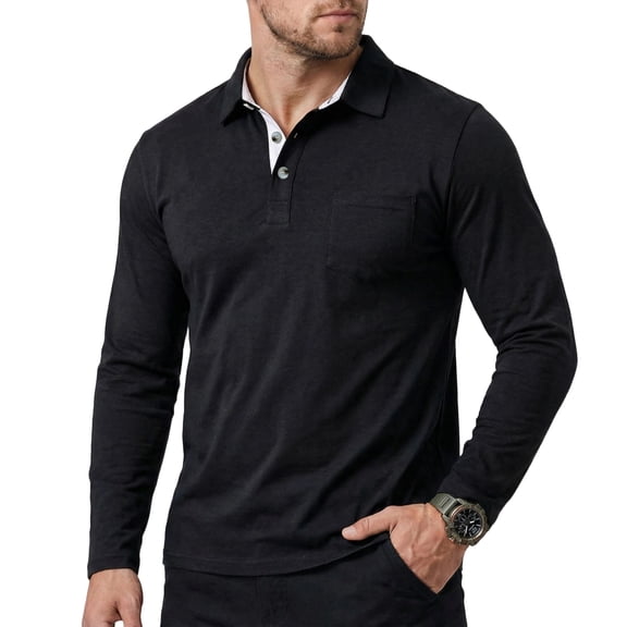 Hogleaql Men's Polo Shirts Cozy Long Sleeve Dressy Shirts Lightweight Button Down Relaxed Fit Loose Fit Tops Black 2XL