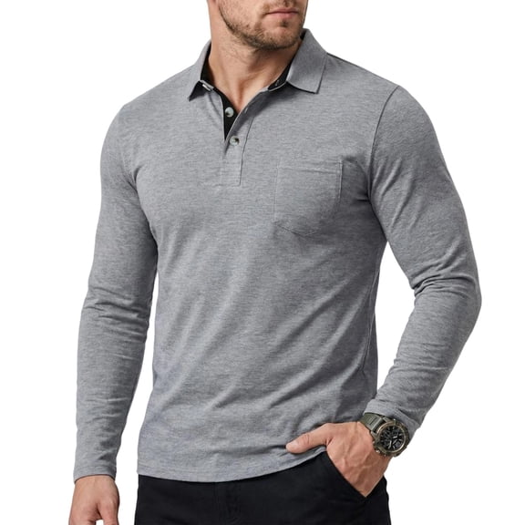 Hogleaql Men's Polo Shirts Soft Long Sleeve Dressy Shirts Lightweight Button Down Casual Loose T Shirts Light Gray 3XL