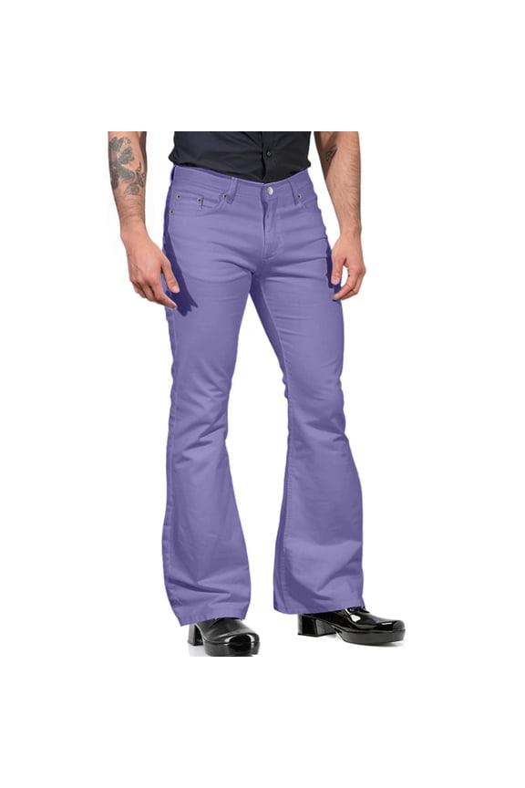 Men's Relaxed Fit Vintage Jeans, 70s Style Disco Bell Bottoms Jeans with Pocket Retro Denim Classic Pants for Men Purple L